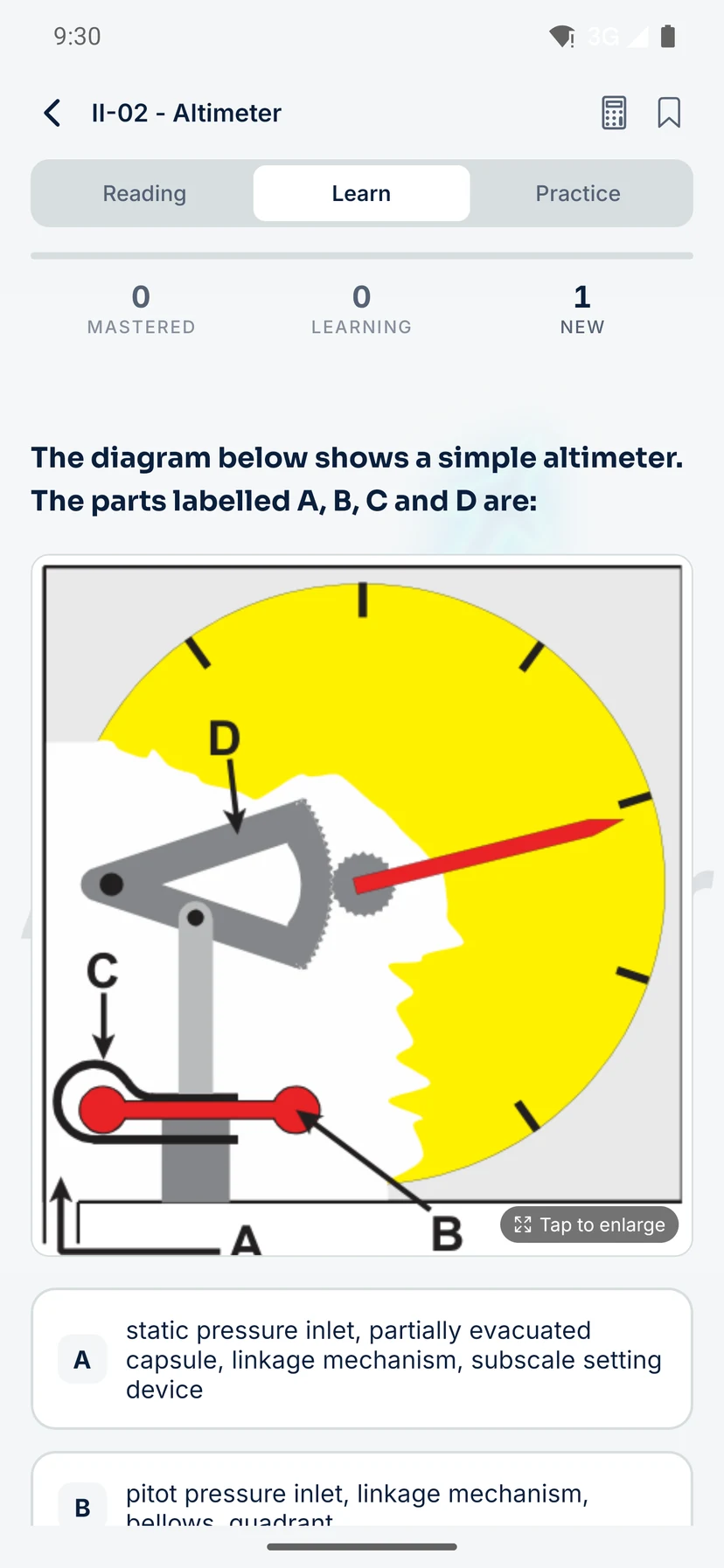 A diagram question naming the parts of a simple altimeter