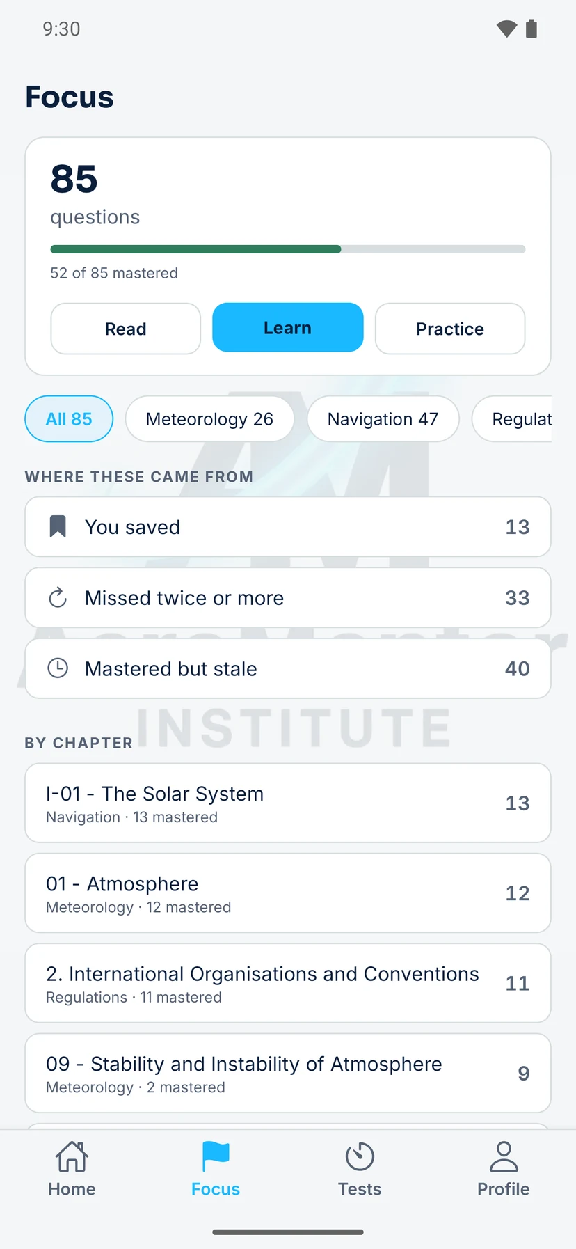 AeroMentor app, Focus: the questions you saved, missed twice or more, or mastered a while ago, by chapter