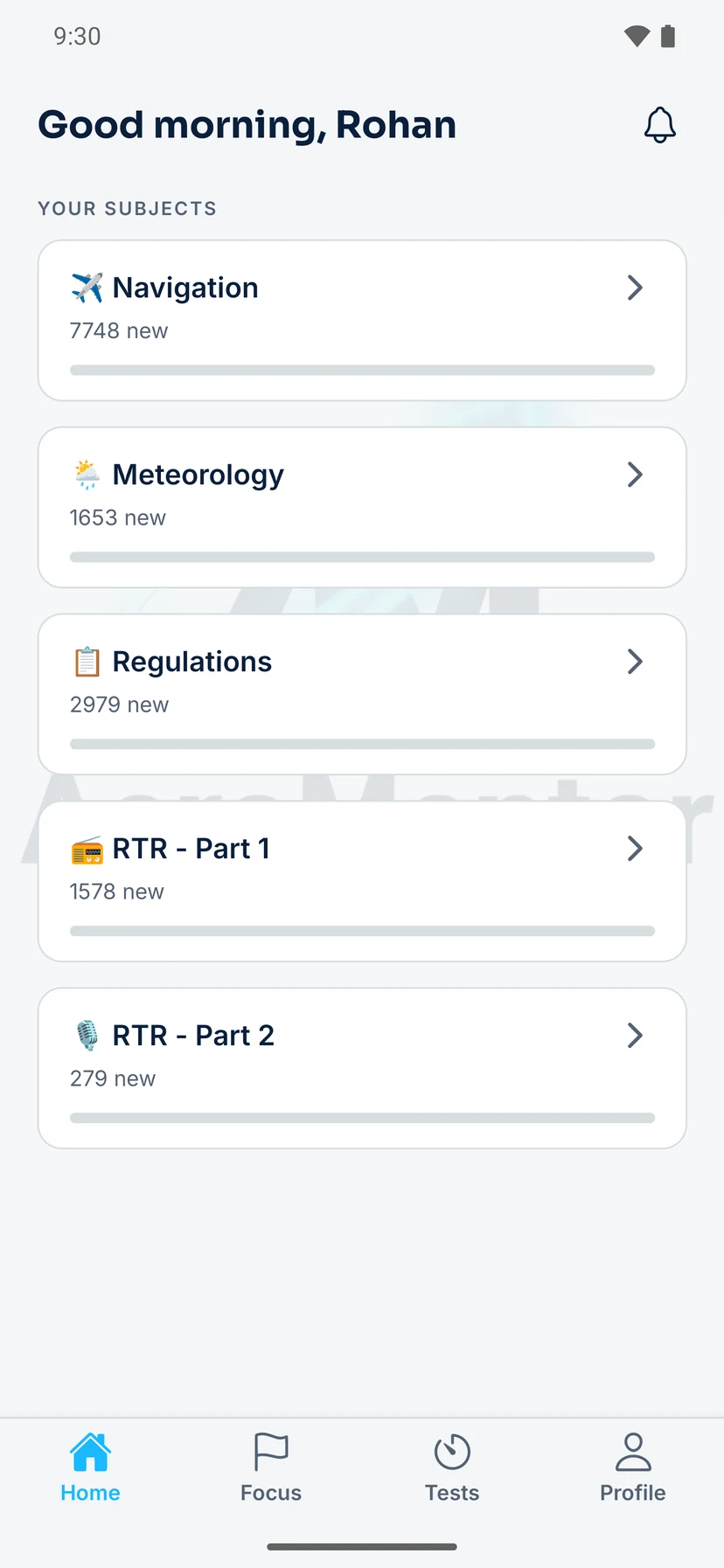 AeroMentor app home in light mode: the five subjects, Navigation, Meteorology, Regulations, RTR Part 1 and RTR Part 2