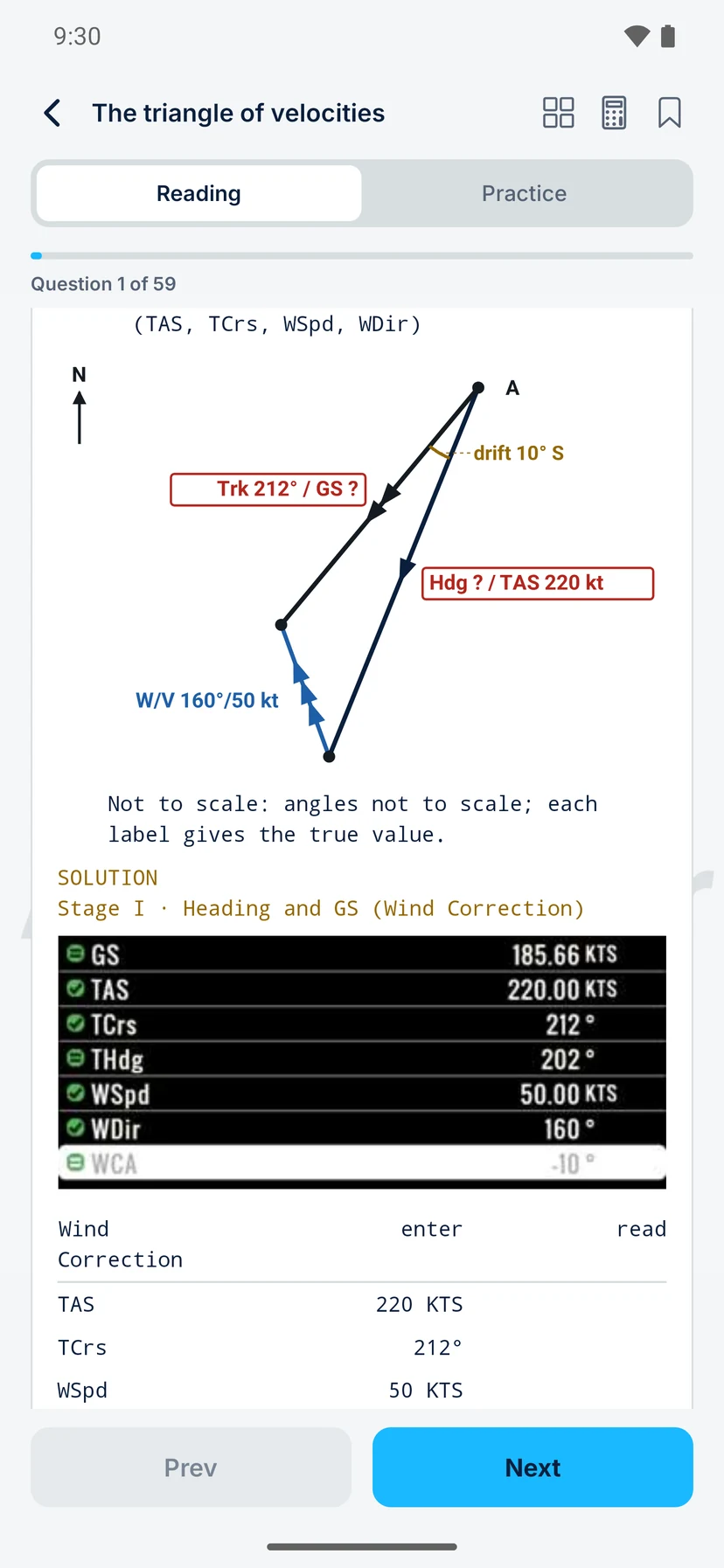 AeroMentor app: a triangle of velocities numerical worked step by step, with the figure drawn